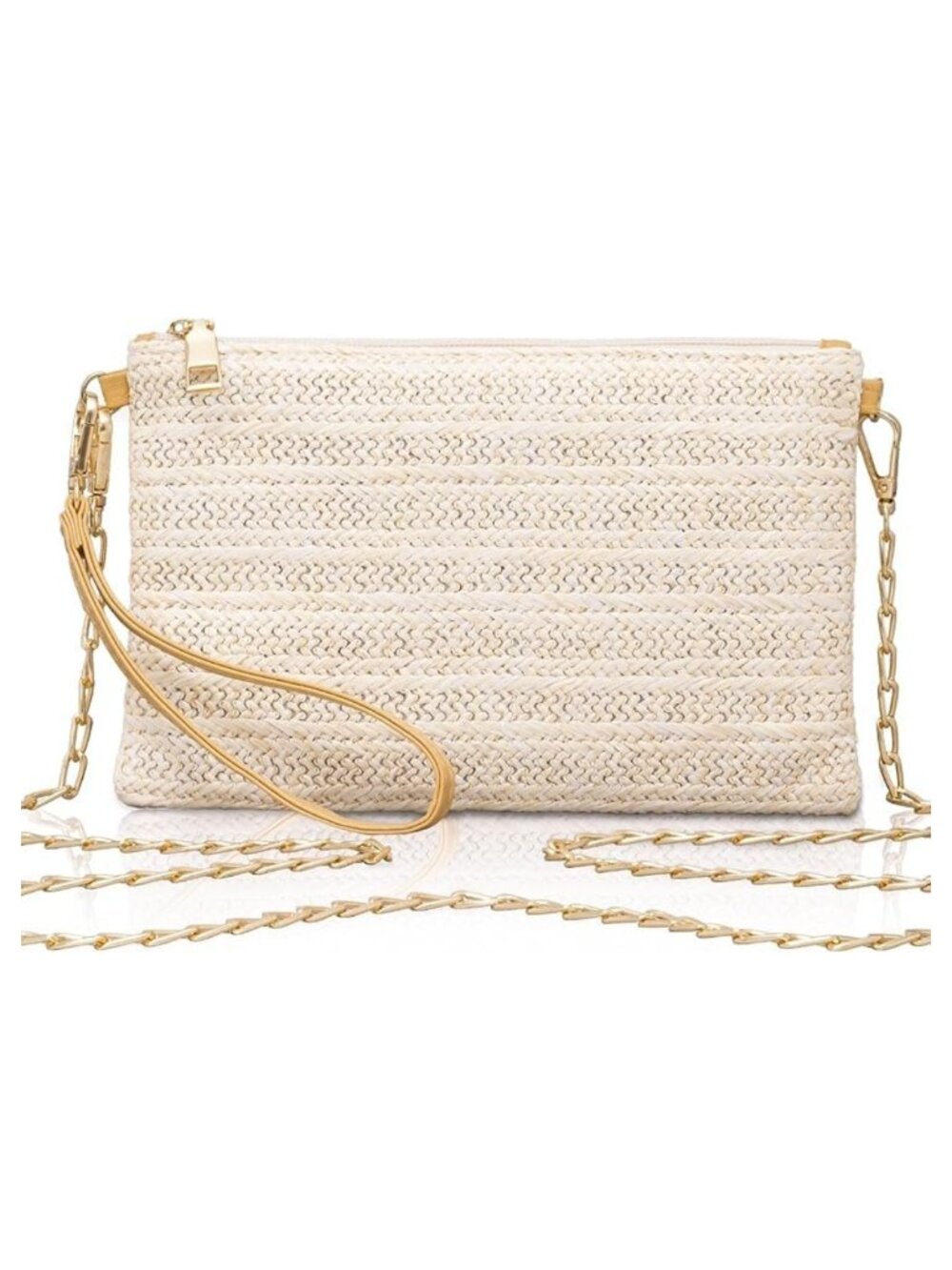 Larcenciel Woven Straw Clutch Crossbody Bag with Chain and Wristlet